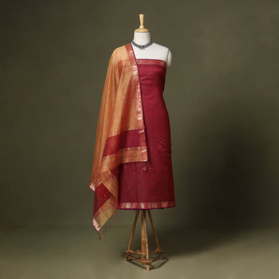 Red 2pc Handloom Unstitched Maheshwari Dress Material with Border