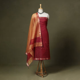 Red 2pc Handloom Unstitched Maheshwari Dress Material with Border