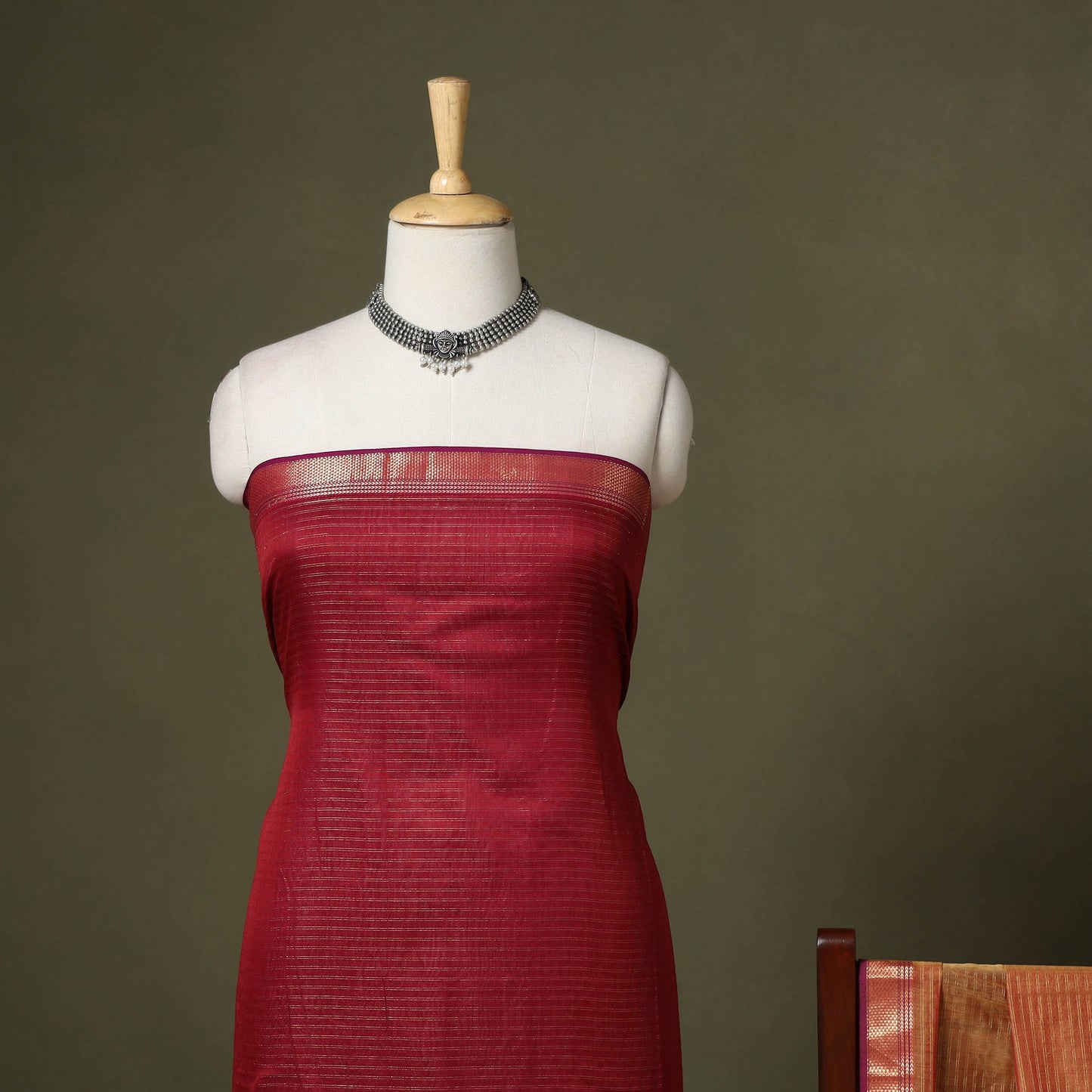 Red 2pc Handloom Unstitched Maheshwari Dress Material with Border