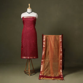 Red 2pc Handloom Unstitched Maheshwari Dress Material with Border