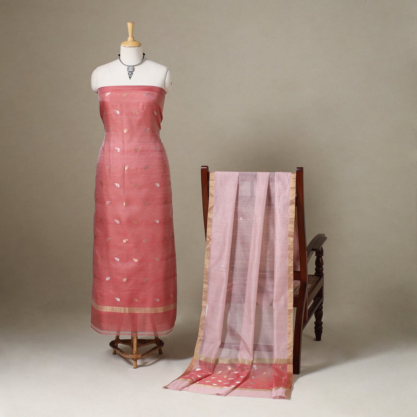  2pc Red Handloom Zari Buta Chanderi Silk Dress Material