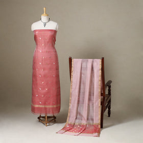  2pc Red Handloom Zari Buta Chanderi Silk Dress Material