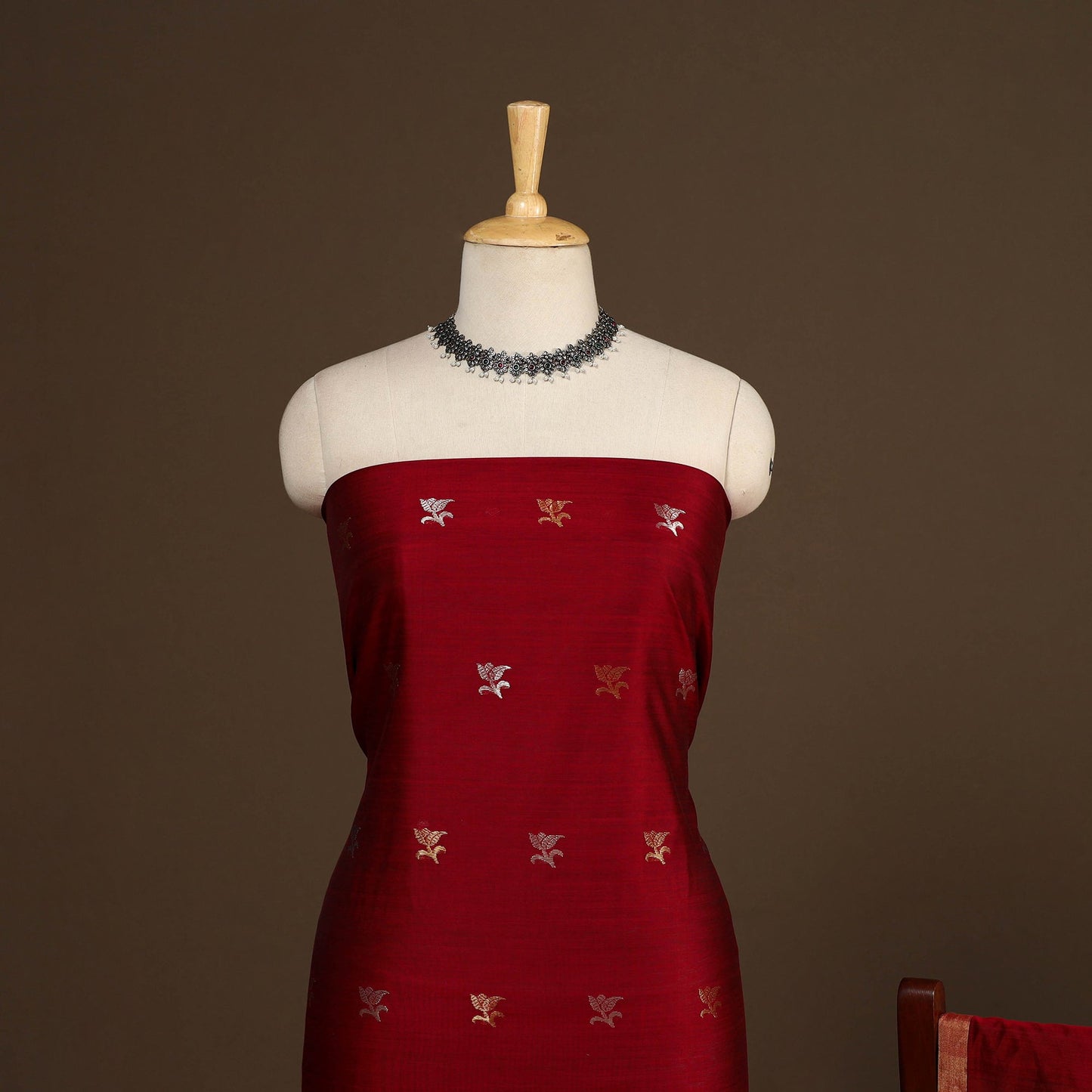 Red - 2pc handloom zari buta unstitched chanderi silk dress