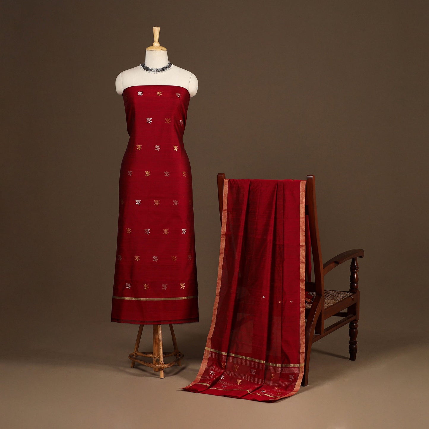 Red - 2pc handloom zari buta unstitched chanderi silk dress