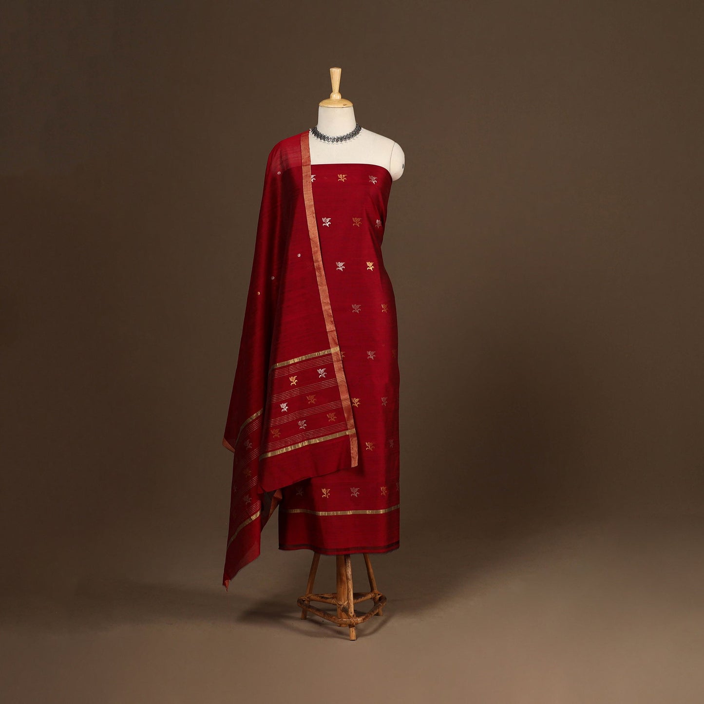 Red - 2pc handloom zari buta unstitched chanderi silk dress