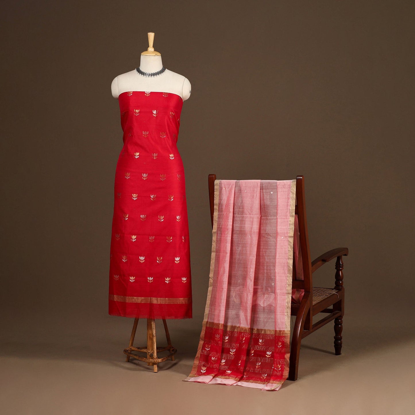 Red - 2pc handloom zari buta unstitched chanderi silk dress