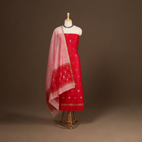 Red - 2pc handloom zari buta unstitched chanderi silk dress