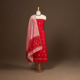 Red - 2pc handloom zari buta unstitched chanderi silk dress