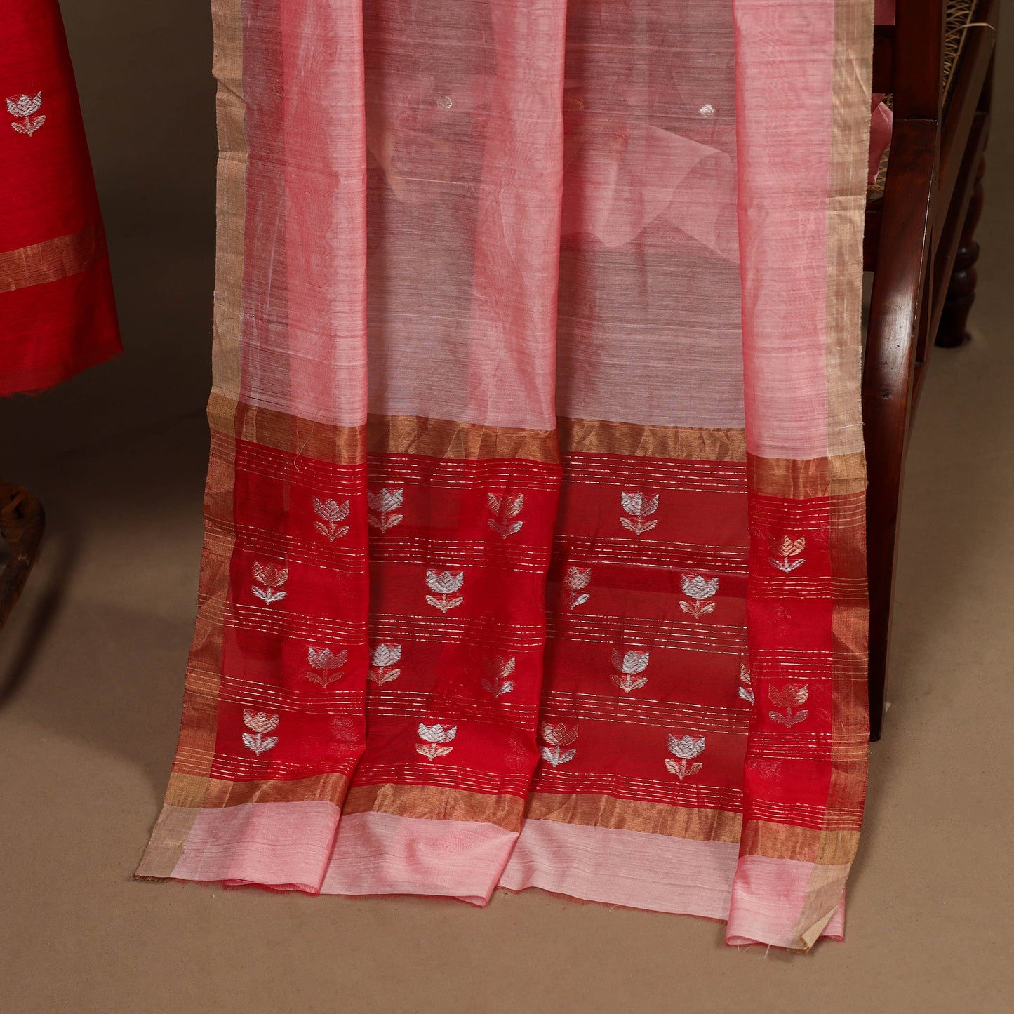 Red - 2pc handloom zari buta unstitched chanderi silk dress