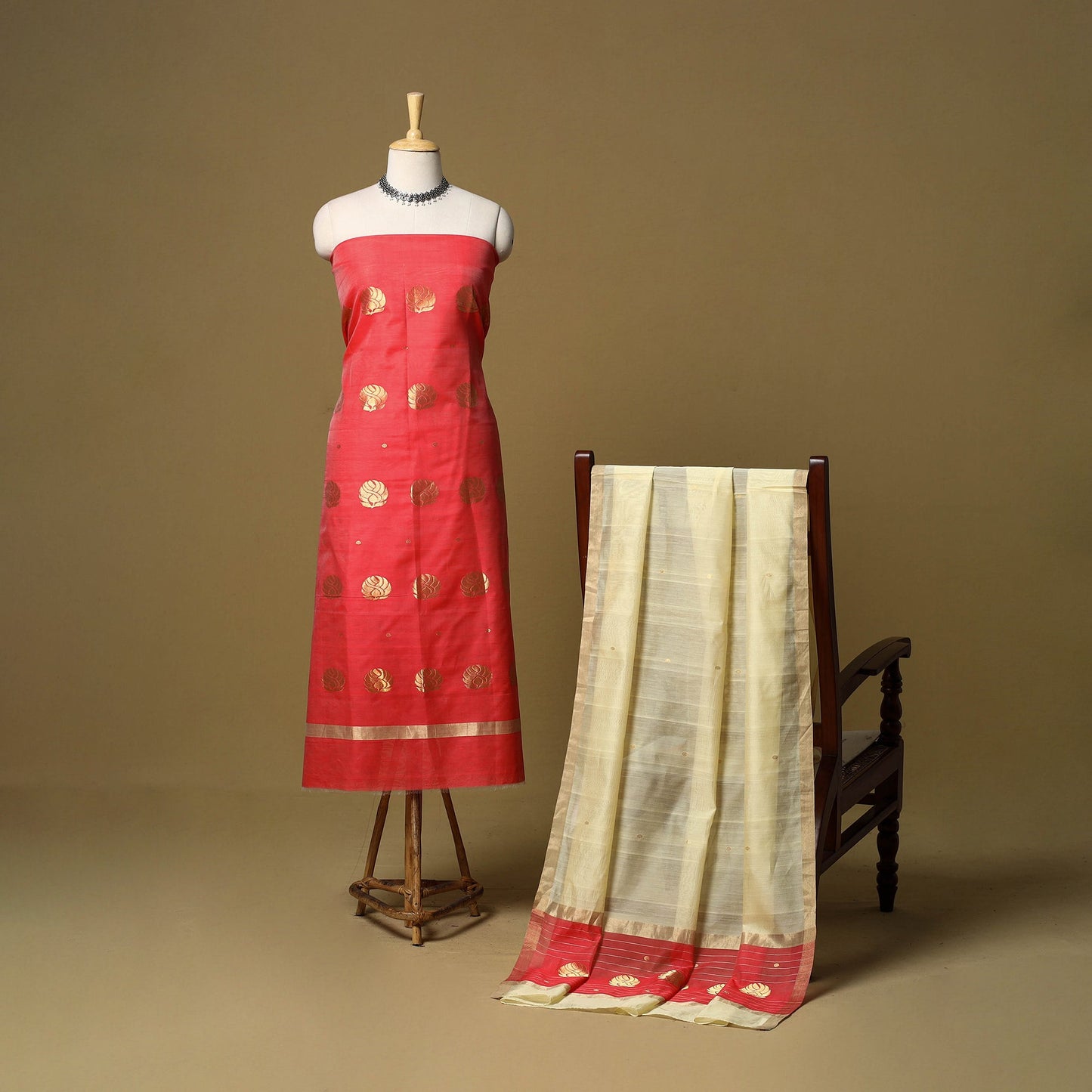 Red - 2pc handloom zari buti unstitched chanderi silk dress