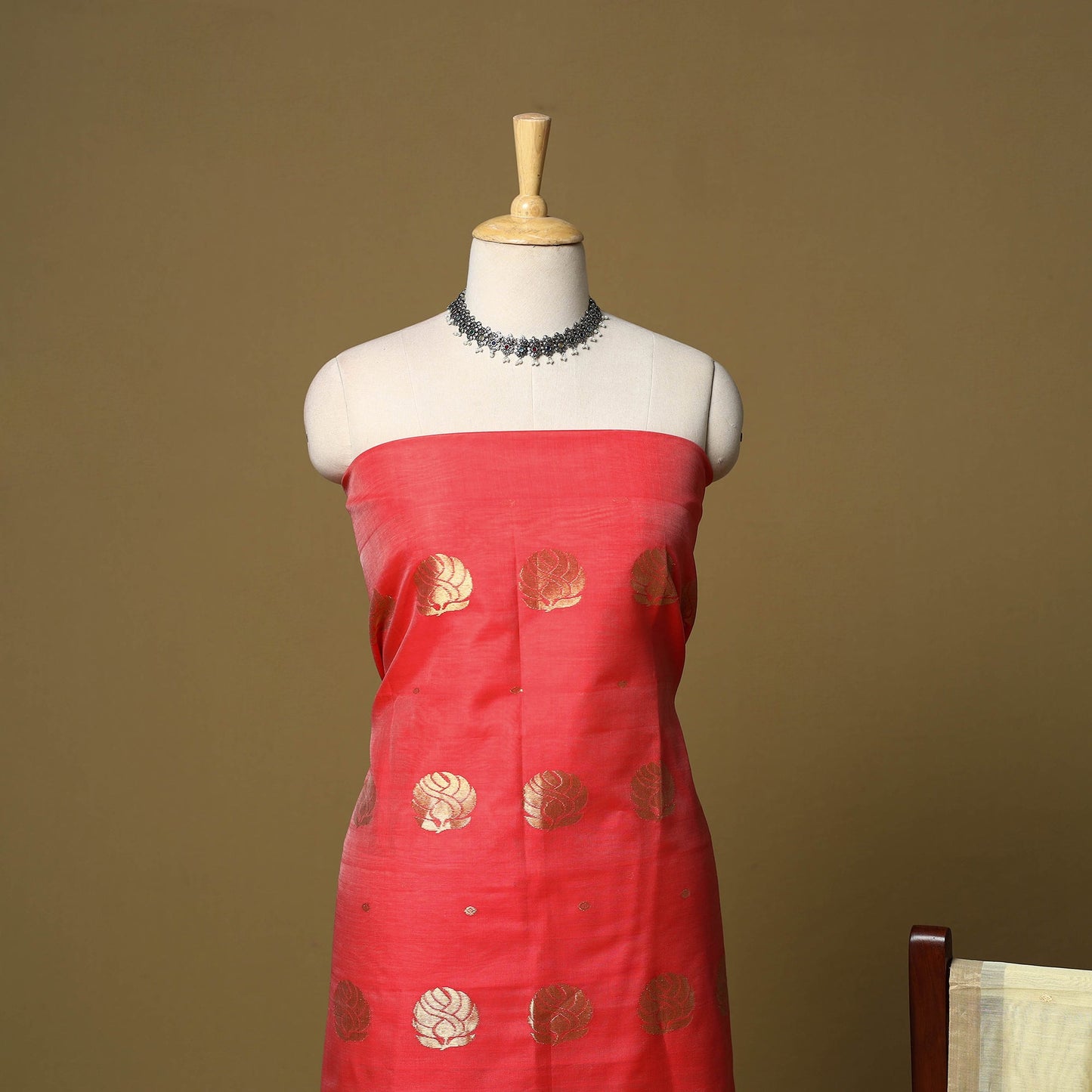 Red - 2pc handloom zari buti unstitched chanderi silk dress