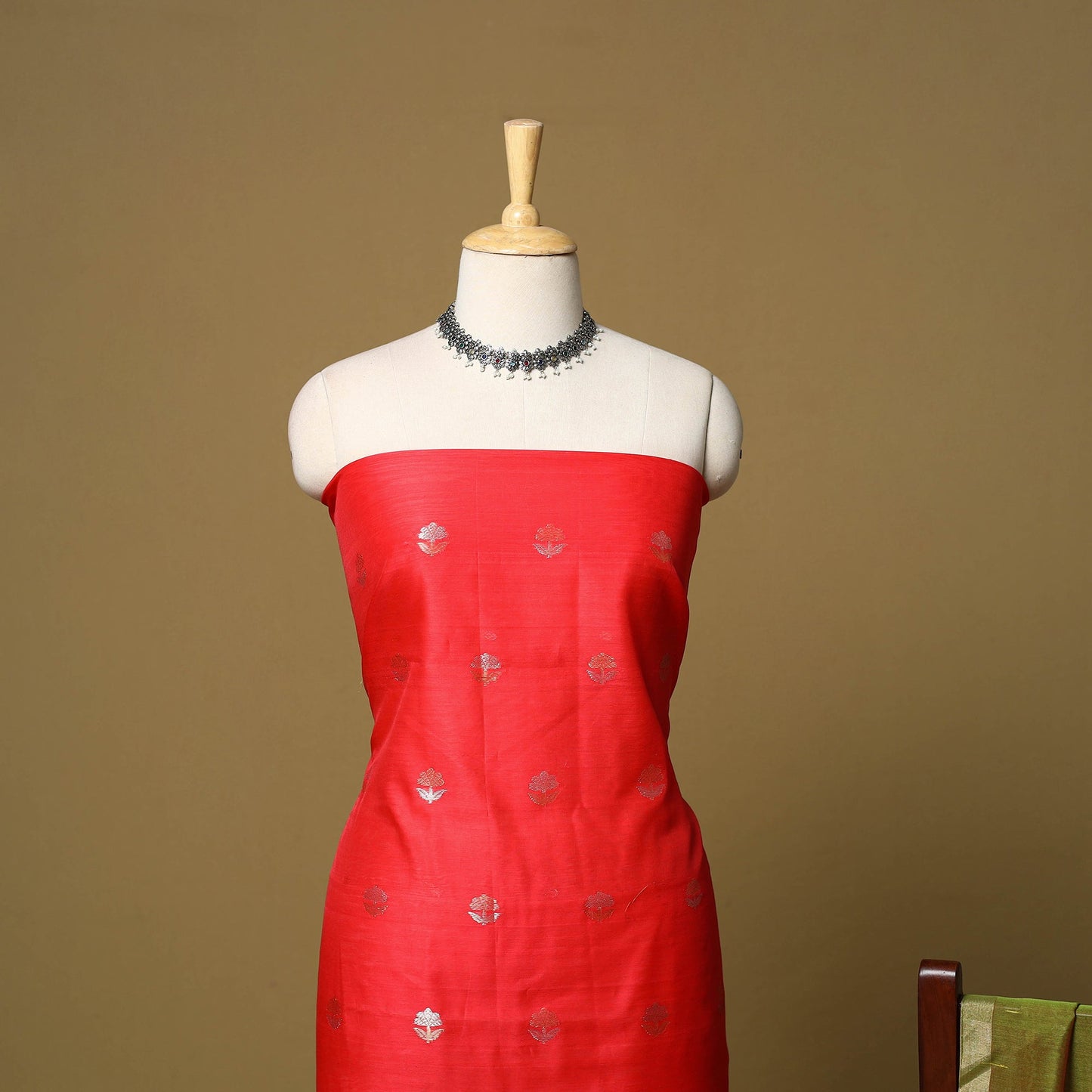 Red - 2pc handloom zari buti unstitched chanderi silk dress