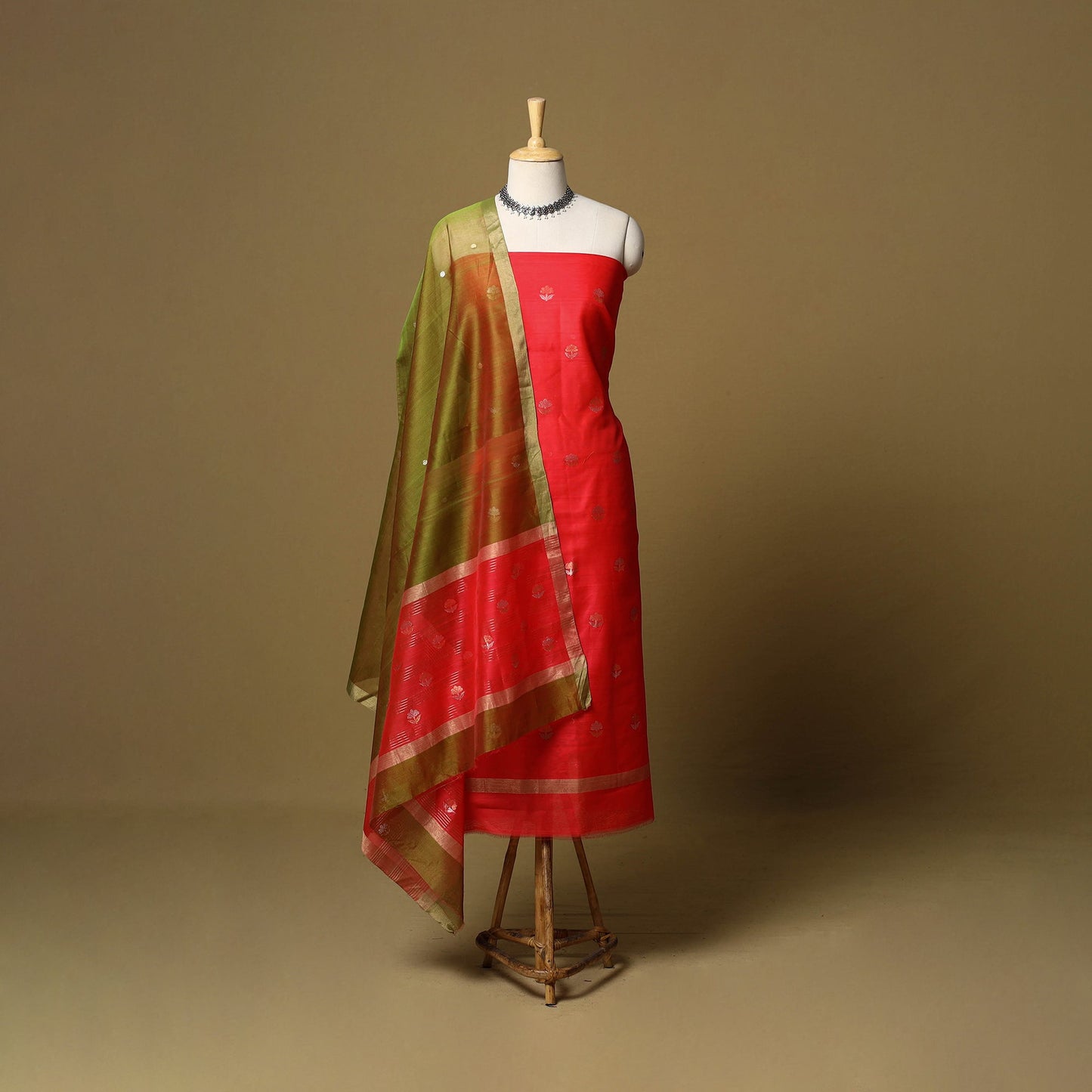 Red - 2pc handloom zari buti unstitched chanderi silk dress