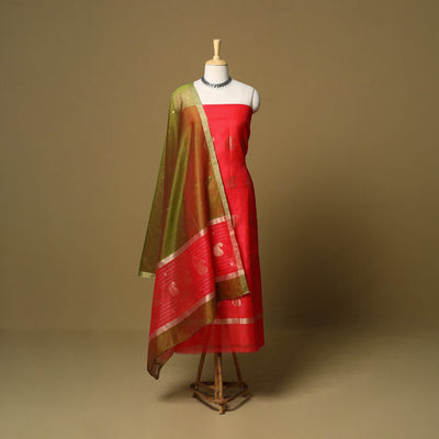 Red - 2pc handloom zari buti unstitched chanderi silk dress