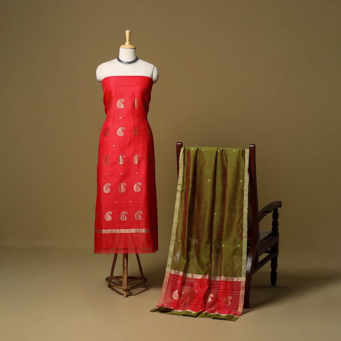 Red - 2pc handloom zari buti unstitched chanderi silk dress