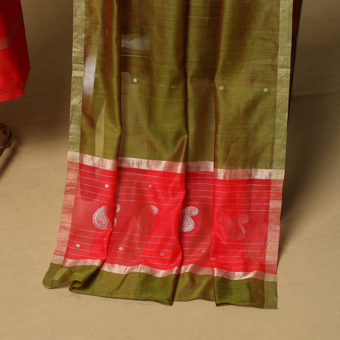 Red - 2pc handloom zari buti unstitched chanderi silk dress