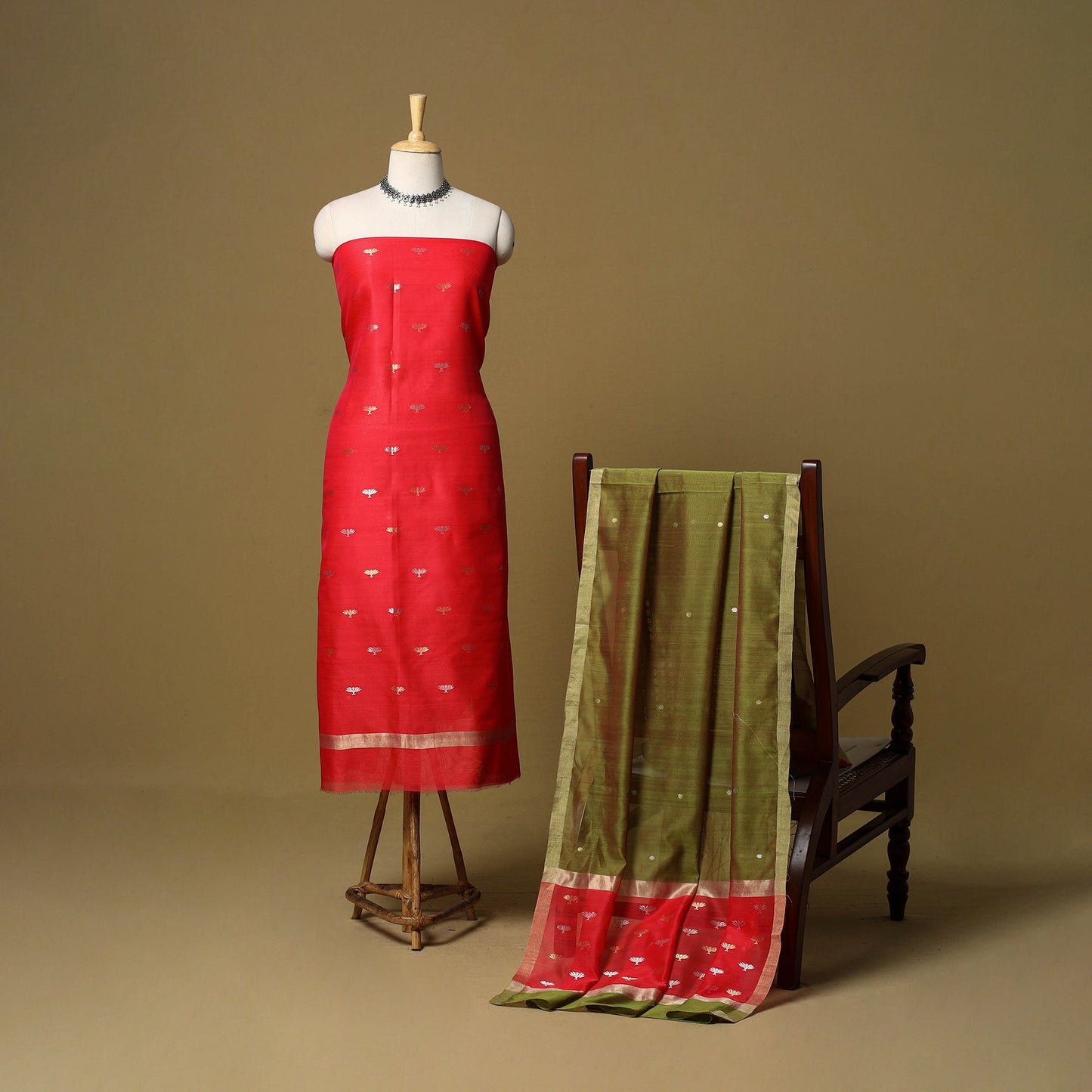 Red - 2pc handloom zari buti unstitched chanderi silk dress