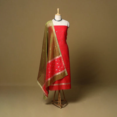 Red - 2pc handloom zari buti unstitched chanderi silk dress