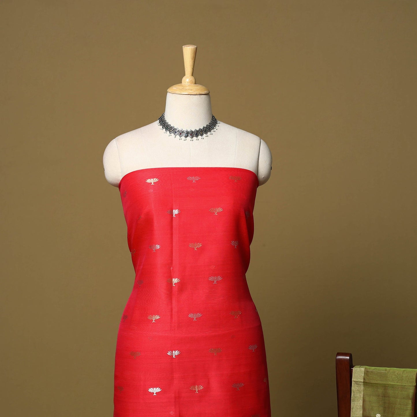 Red - 2pc handloom zari buti unstitched chanderi silk dress