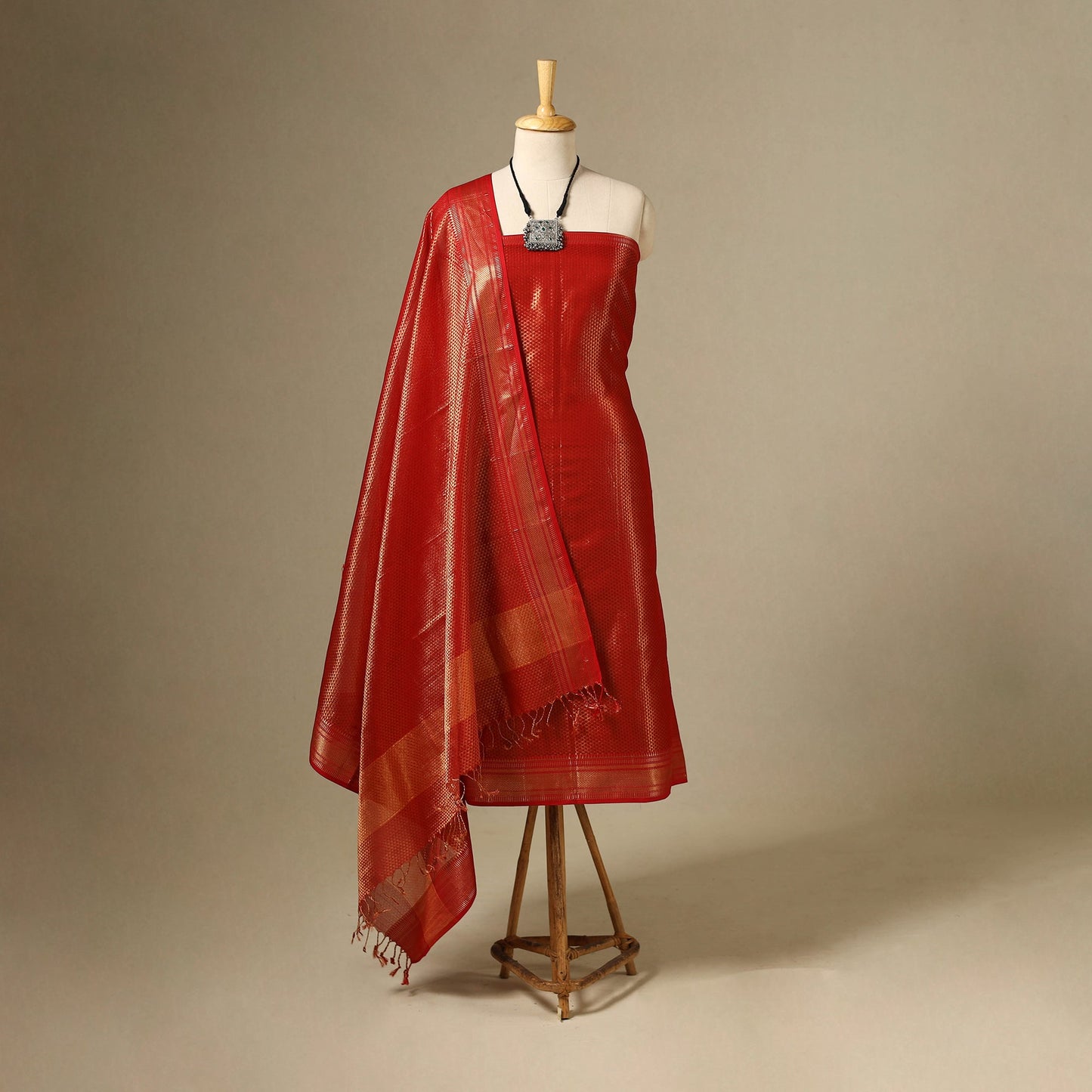 Red 2pc Tissue Zari Handloom Cotton Maheshwari Dress Material