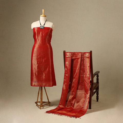 Red 2pc Tissue Zari Handloom Cotton Maheshwari Dress Material