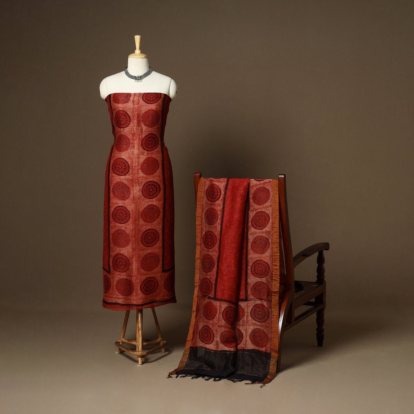 Red - 2pc linen silk natural dyed unstitched dress material