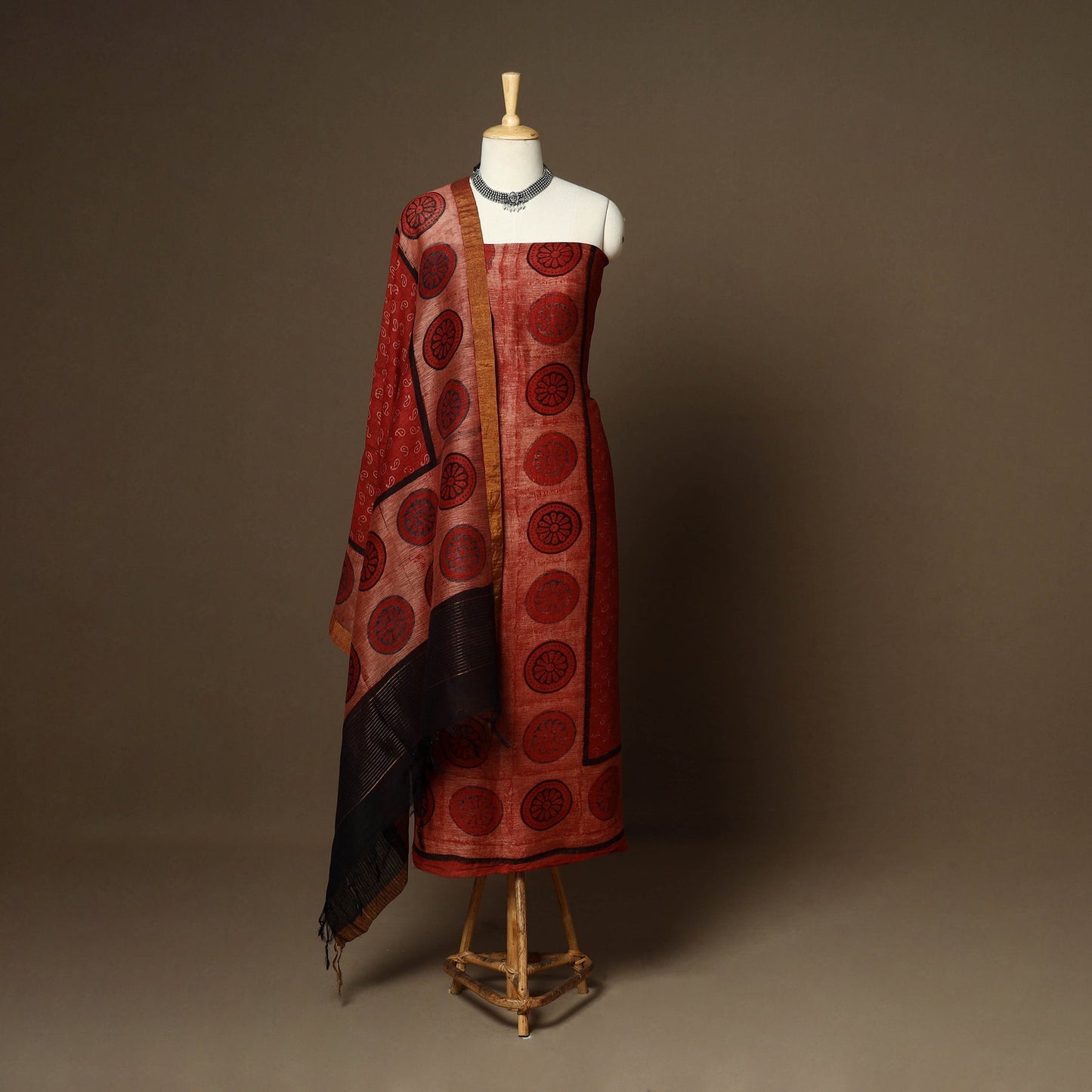 Red - 2pc linen silk natural dyed unstitched dress material