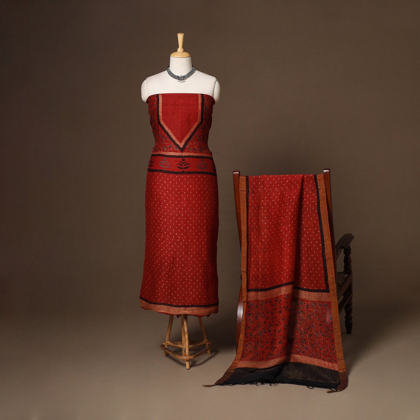 Red - 2pc linen silk unstitched dress material 07