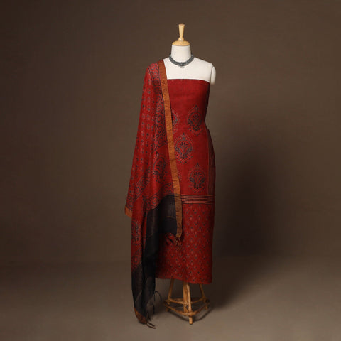 Red - 2pc linen silk unstitched dress material 10