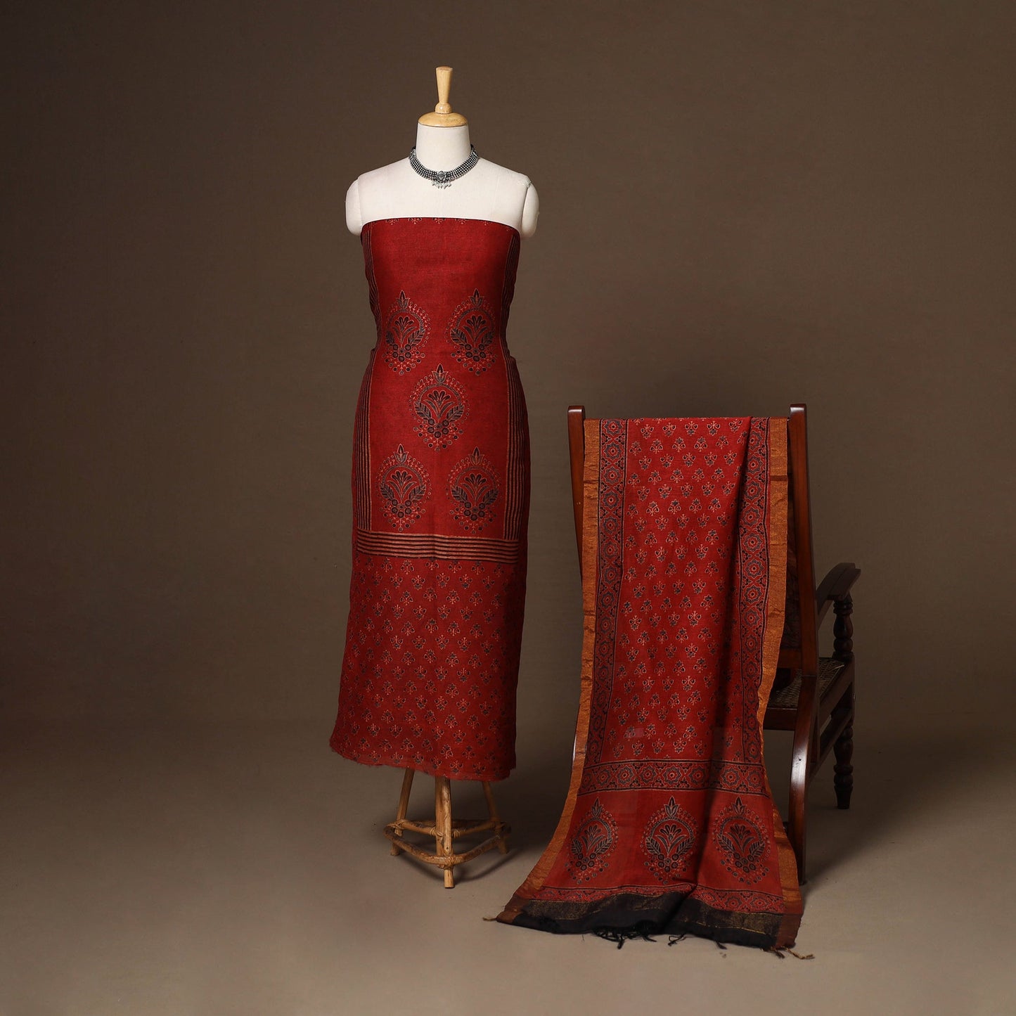 Red - 2pc linen silk unstitched dress material 10