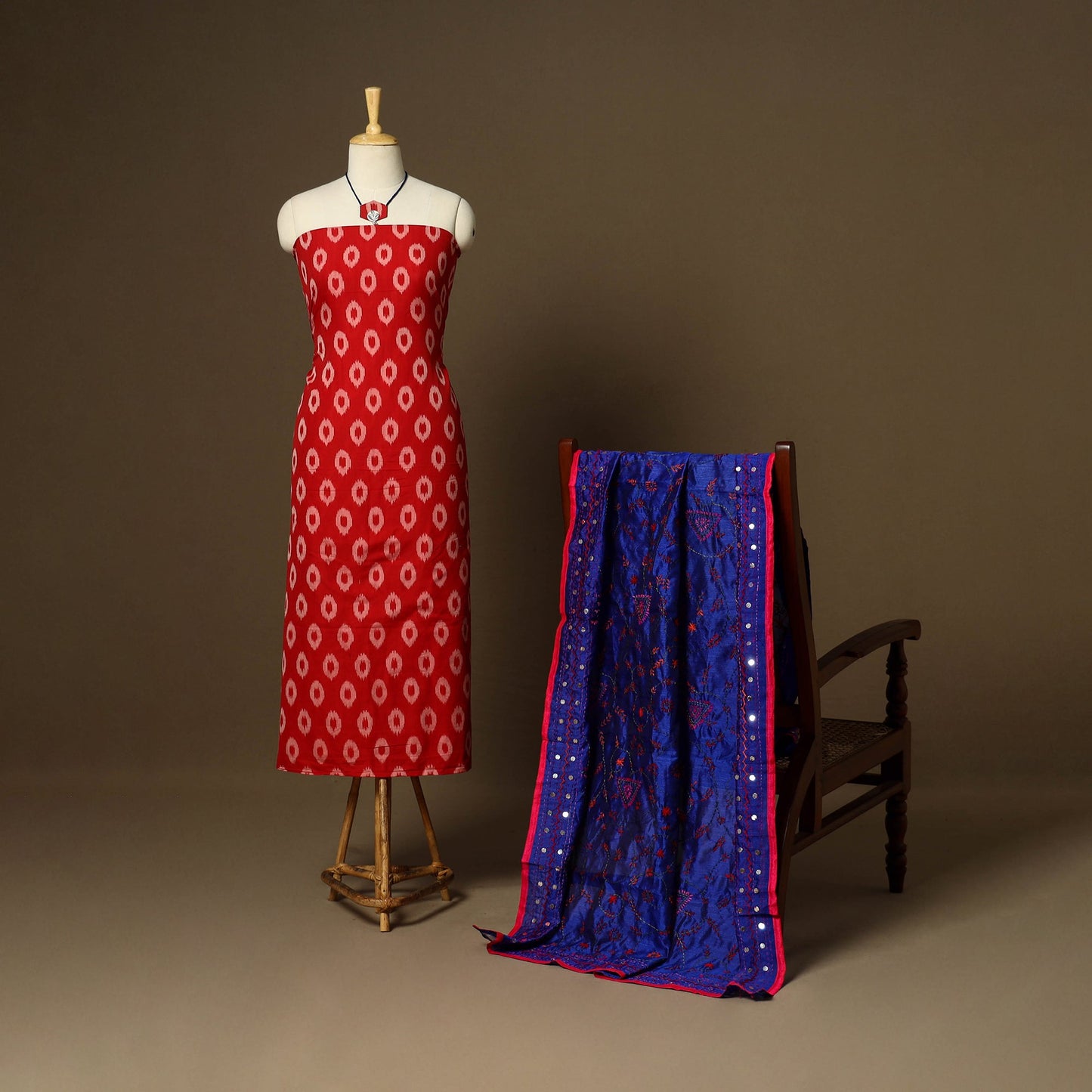 Red - 2pc mercerised cotton unstitched pochampally ikat