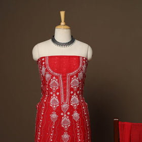 Red - 2pc mul chanderi semi stitched hand beads work