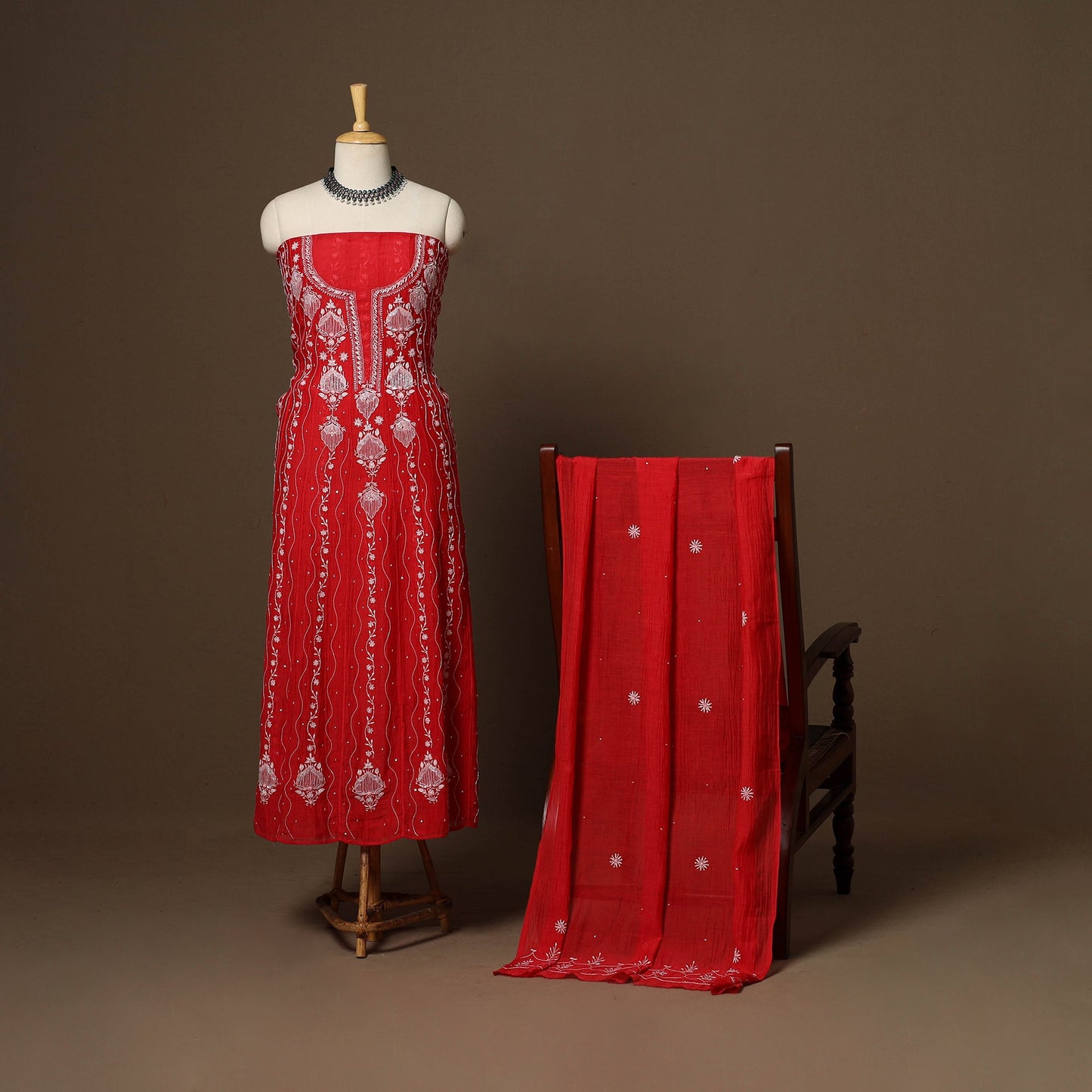 Red - 2pc mul chanderi semi stitched hand beads work