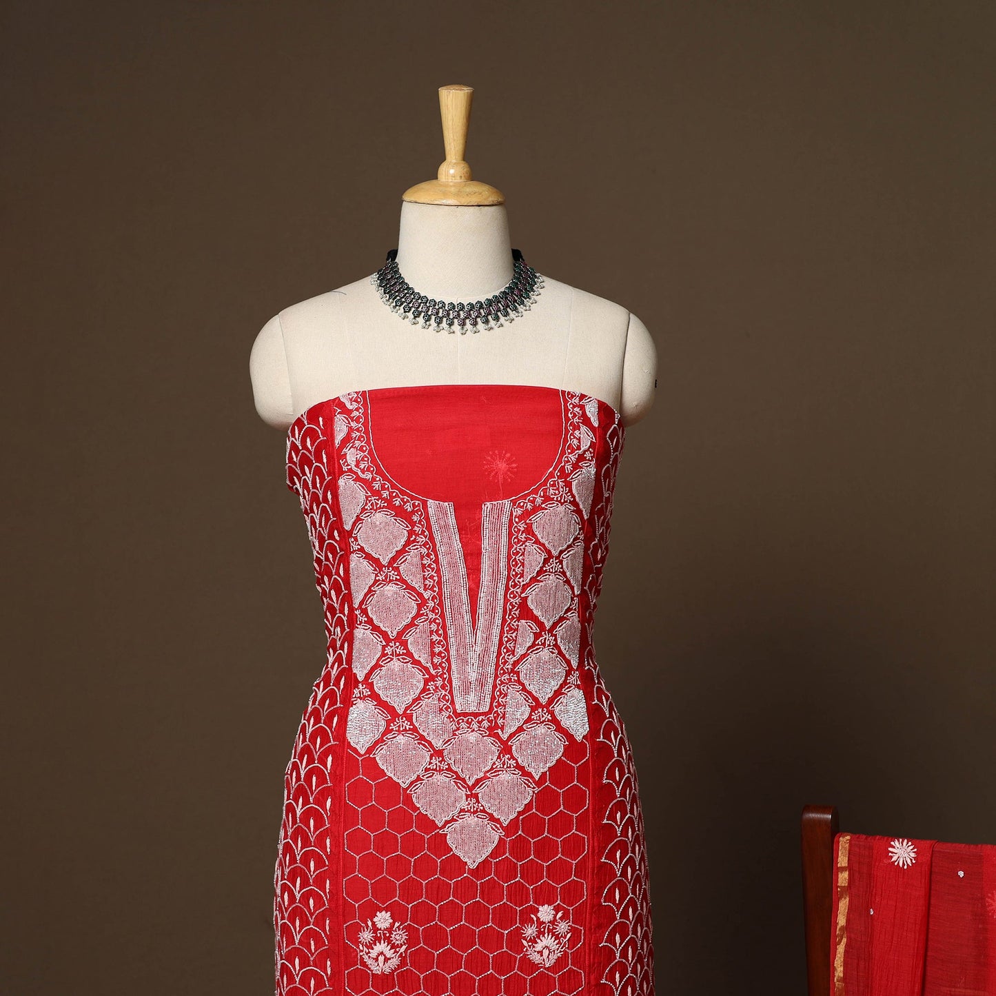 Red - 2pc mul chanderi semi stitched hand beads work heavy