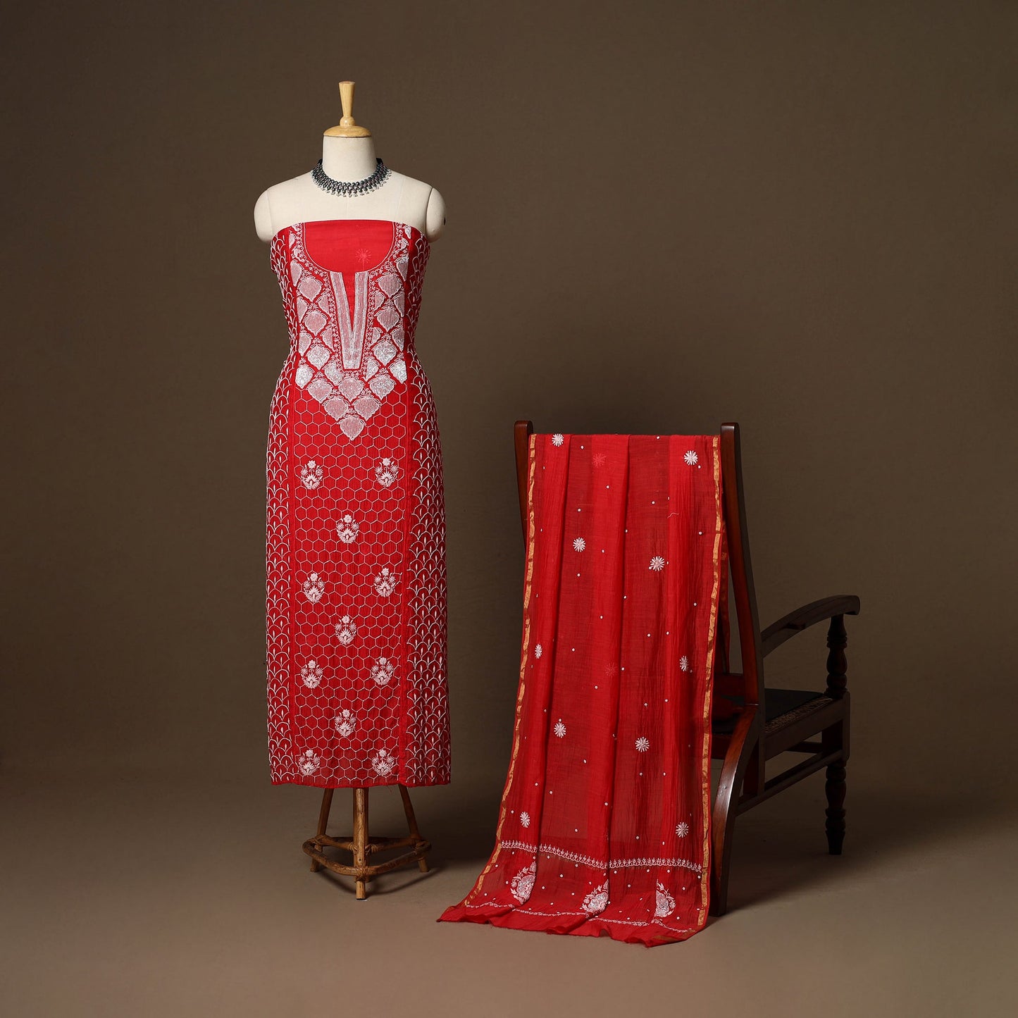 Red - 2pc mul chanderi semi stitched hand beads work heavy