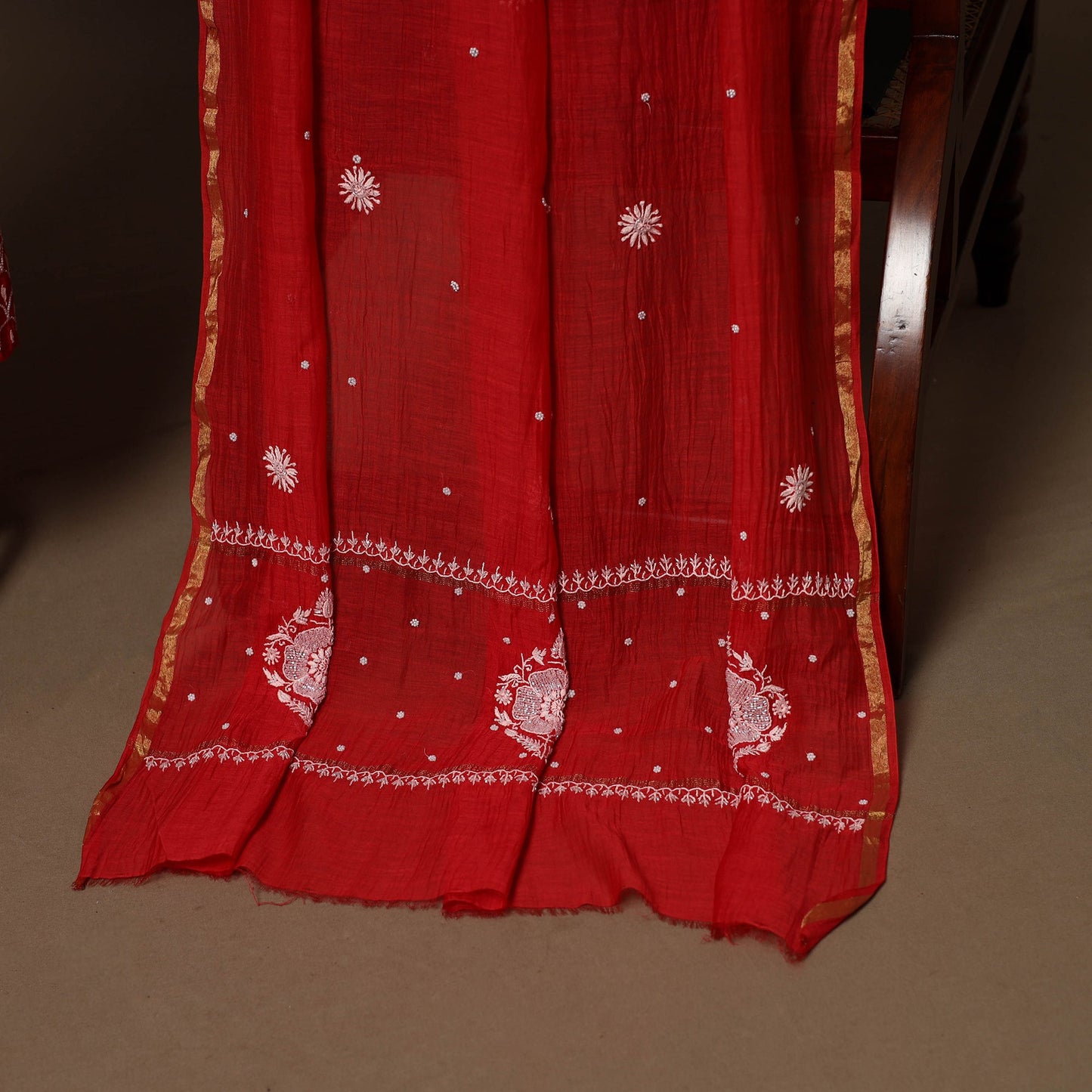 Red - 2pc mul chanderi semi stitched hand beads work heavy