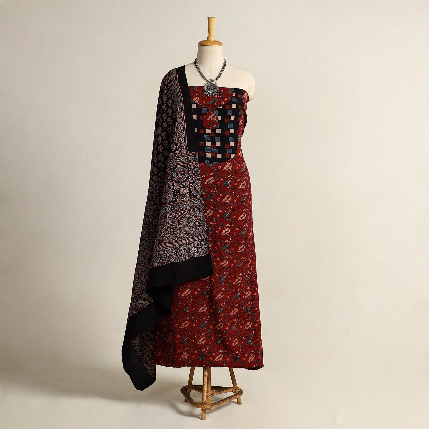 Buy Red 2pc Block Print Natural Dyed Ajrakh Dress Material