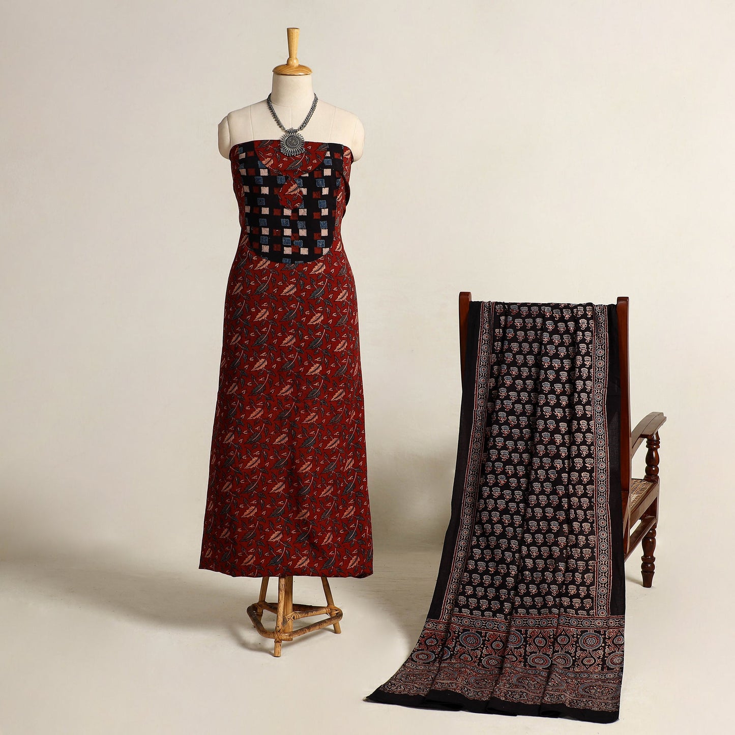 Buy Red 2pc Block Print Natural Dyed Ajrakh Dress Material