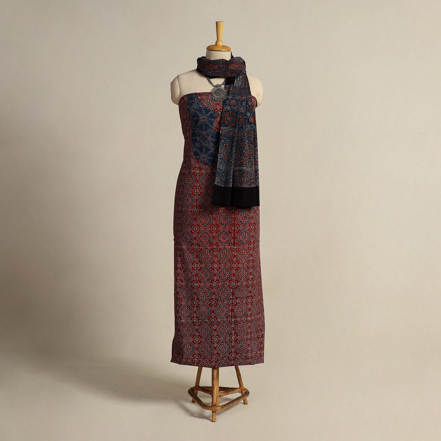  Red 2pc Block Print Natural Dyed Ajrakh Dress Material