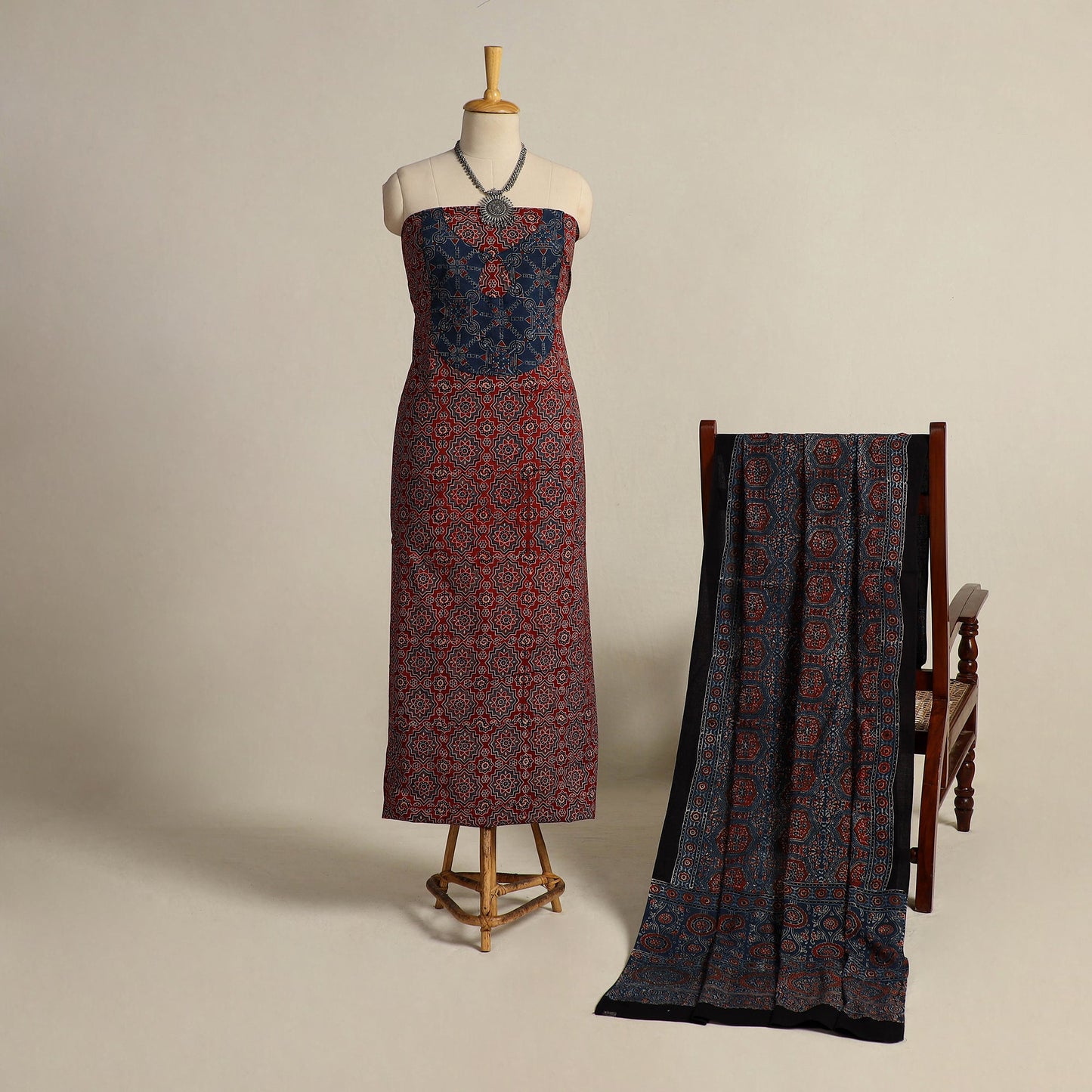  Red 2pc Block Print Natural Dyed Ajrakh Dress Material