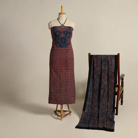  Red 2pc Block Print Natural Dyed Ajrakh Dress Material