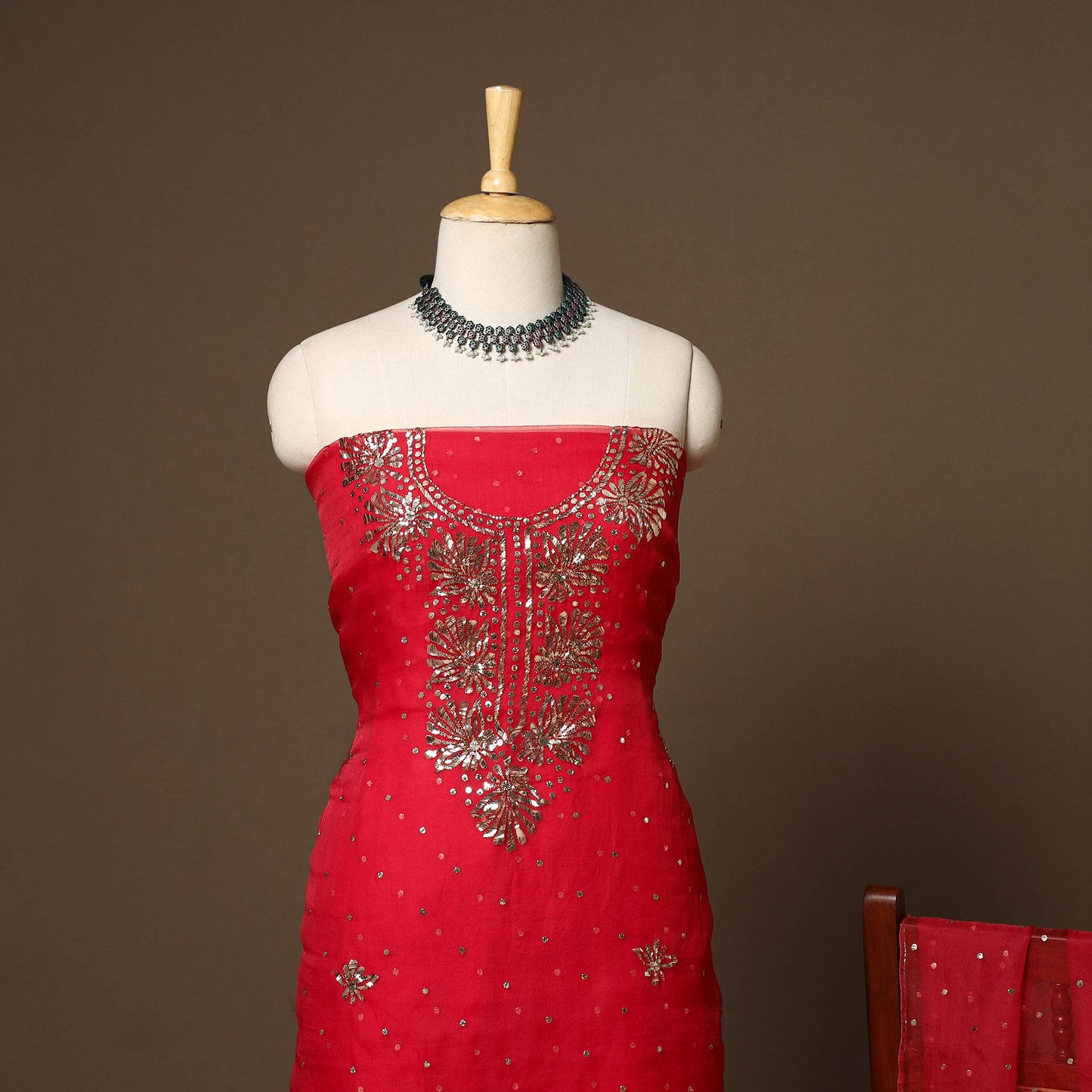 Red - 2pc organza silk unstitched mukaish handwork dress