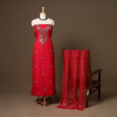 Red - 2pc organza silk unstitched mukaish handwork dress
