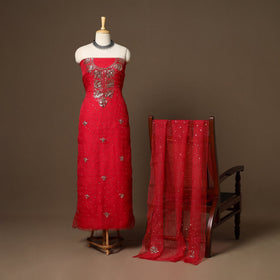 Red - 2pc organza silk unstitched mukaish handwork dress
