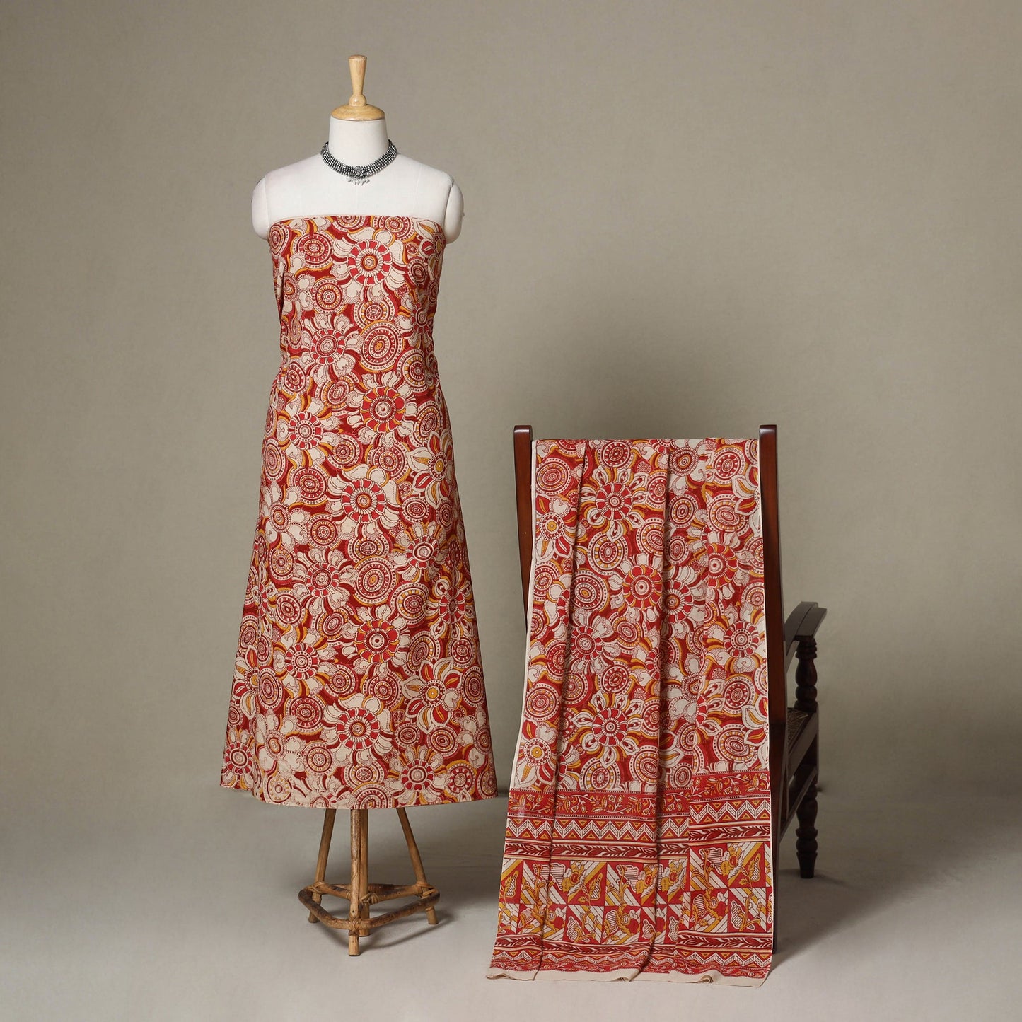 Red - 2pc printed cotton unstitched kalamkari dress