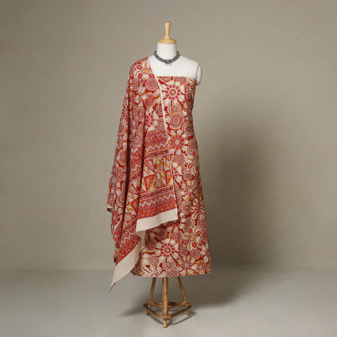 Red - 2pc printed cotton unstitched kalamkari dress