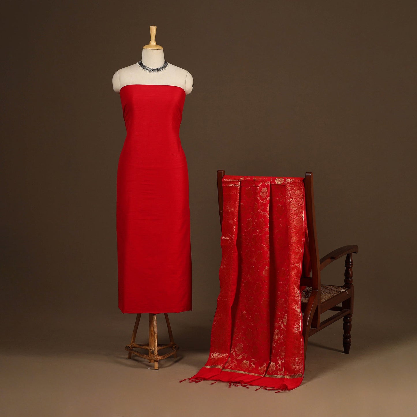 Red - 2pc slub silk unstitched plain dress material