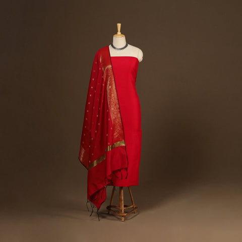 Red - 2pc slub silk unstitched plain dress material