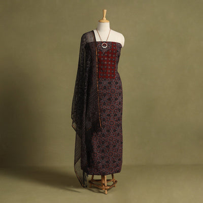 Red 2pc Unstitched Ajrakh Dress Material with Jewellery Set