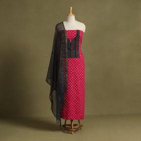 Red 2pc Unstitched Bandhani Dress Material with Jewellery Set